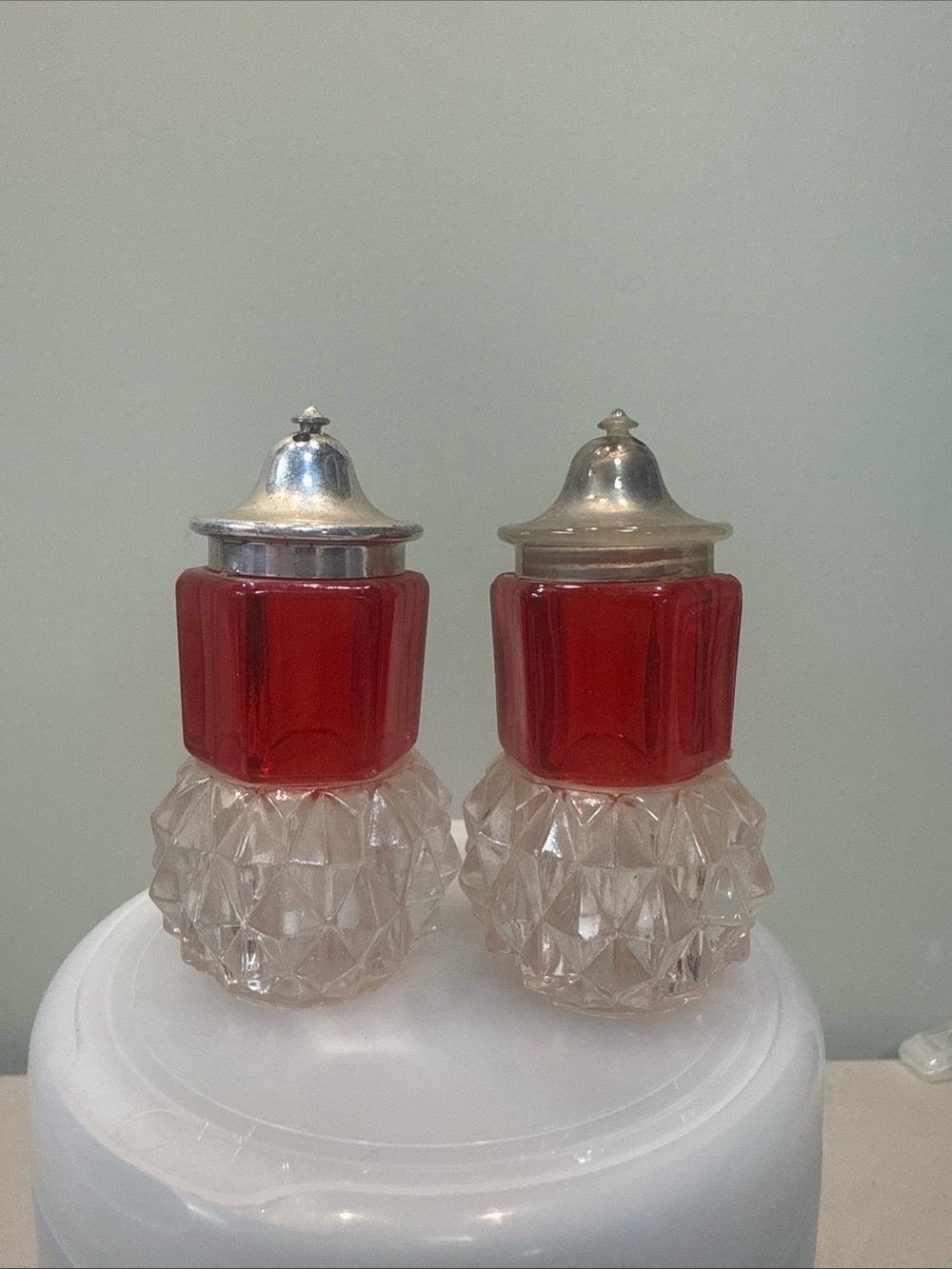 Vintage Salt and Pepper Shakers Plastic Silver Tone Clear Red Hong Kong
